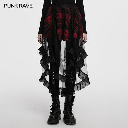 Punk Rave Morrigan Mesh Plaid High-Low Skirt