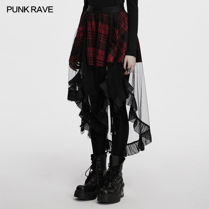 Punk Rave Morrigan Mesh Plaid High-Low Skirt
