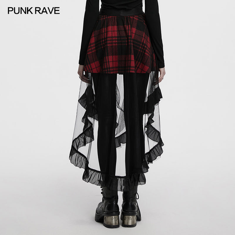 Punk Rave Morrigan Mesh Plaid High-Low Skirt