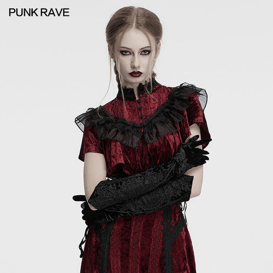 Punk Rave Selene Embroidered Velvet Gloves in Black