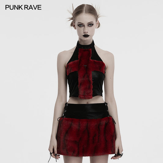 Punk Rave Valora Cross Fur Halter Top In Crimson
