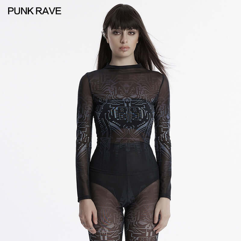 Punk Rave Eluana Cybergoth Print Mesh Long Sleeve Top