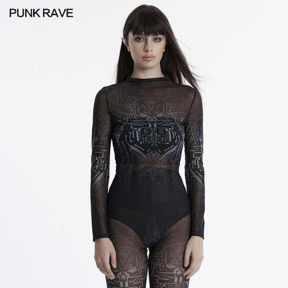 Punk Rave Eluana Cybergoth Print Mesh Long Sleeve Top