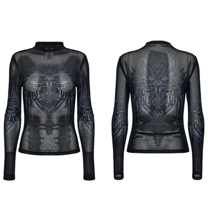 Punk Rave Eluana Cybergoth Print Mesh Long Sleeve Top