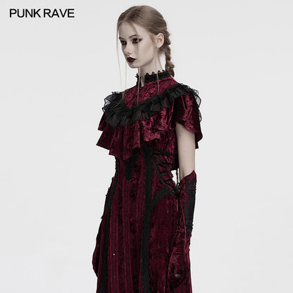 Punk Rave Elysia Velvet Ruffle Goth Shawl In Crimson