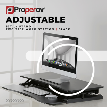 ProperAV Two Tier Worktop Stand Up Desk Converter with Gas Spring Lift & Variable Height Settings - Black