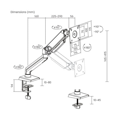 ProperAV Desk Monitor Mount 17" - 32" Gas Spring Swing Arm VESA Max 100x100