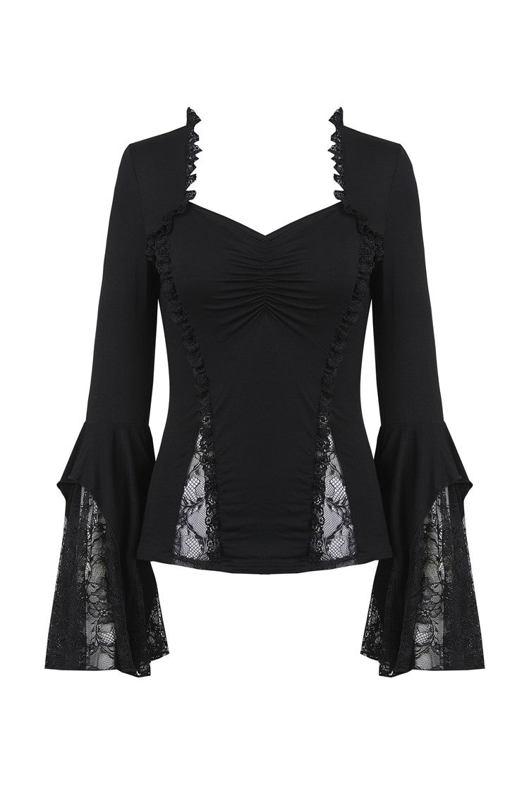Dark In Love Jemima Black Gothic Top - Lace Bell Sleeves Sweetheart Neckline
