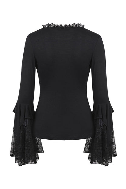 Dark In Love Jemima Black Gothic Top - Lace Bell Sleeves Sweetheart Neckline