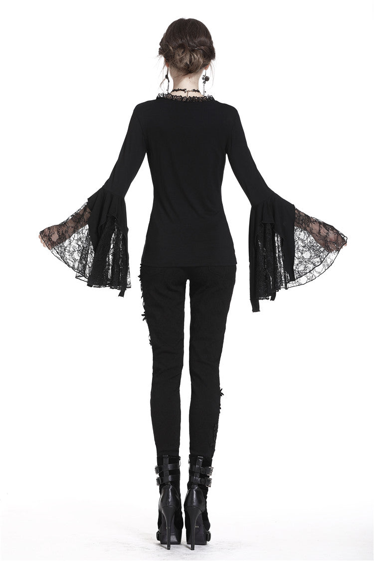 Dark In Love Jemima Black Gothic Top - Lace Bell Sleeves Sweetheart Neckline