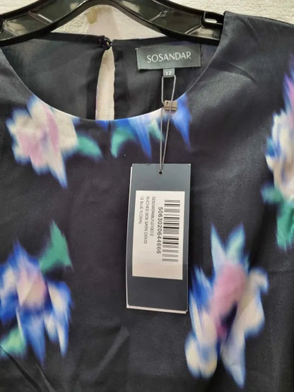 Blue Floral Print Ruched Side Satin Midi Dress Size: Uk 12