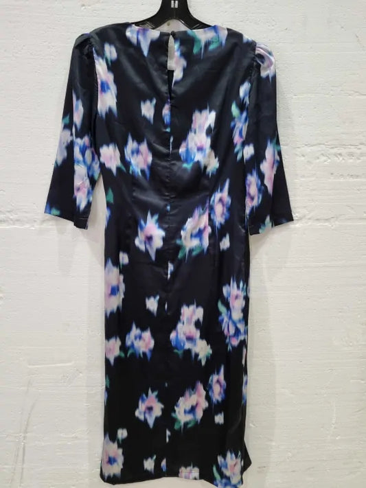Blue Floral Print Ruched Side Satin Midi Dress Size: Uk 12