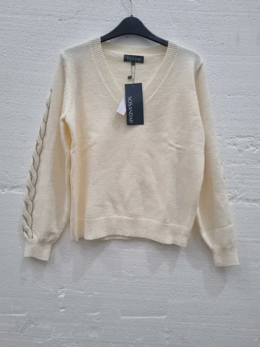 Sosandar Cream Embellished Cable Sleeve Jumper Size: Small