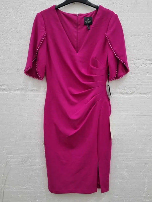 Adrianna Papell Pleated Imitation Pearl Trim Crepe Sheath Dress In Hot Orchid Size: UK 10