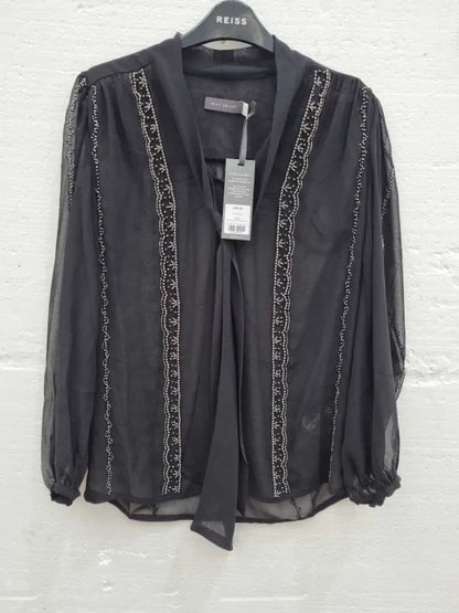 Mint Velvet Black Beaded Tie Neck Blouse Size: Xsmall