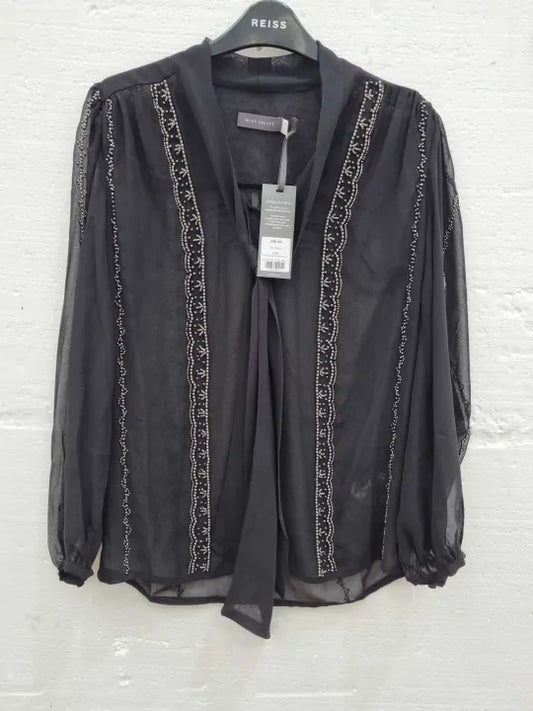 Mint Velvet Black Beaded Tie Neck Blouse Size: Xsmall
