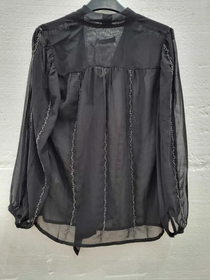 Mint Velvet Black Beaded Tie Neck Blouse Size: Xsmall