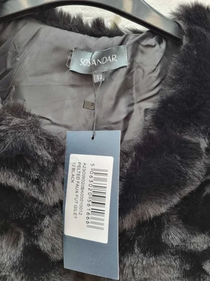 Sosandar-Black Luxe Faux Fur Gilet Size: UK 12