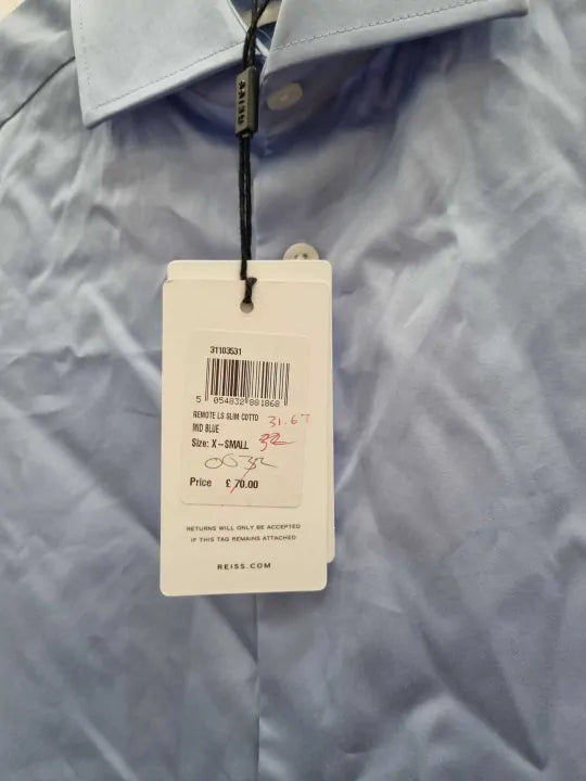 Reiss Blue Remote Slim Fit Cotton Shirt Size: Xsmall