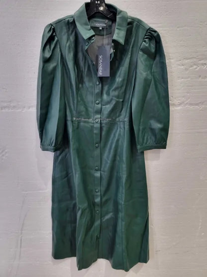 Sosandar Green Faux Leather Popper Front Shirt Dress Size: UK 14