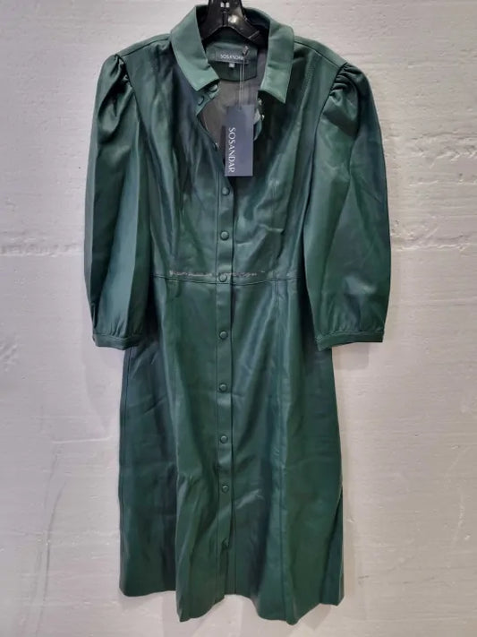 Sosandar Green Faux Leather Popper Front Shirt Dress Size: UK 14