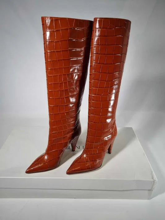 L K Bennett Ginger Allegra Croc Effect Leather Cone Heel Knee High Boots Size: Eu 38