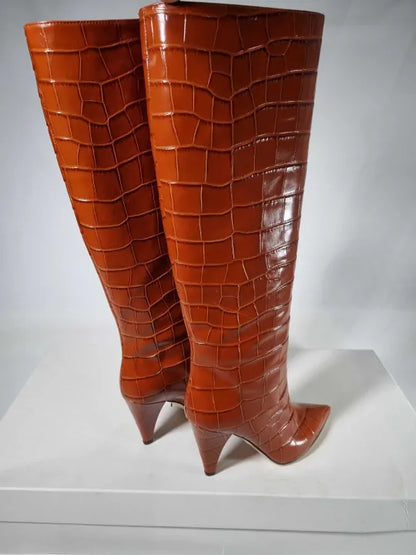 L K Bennett Ginger Allegra Croc Effect Leather Cone Heel Knee High Boots Size: Eu 38