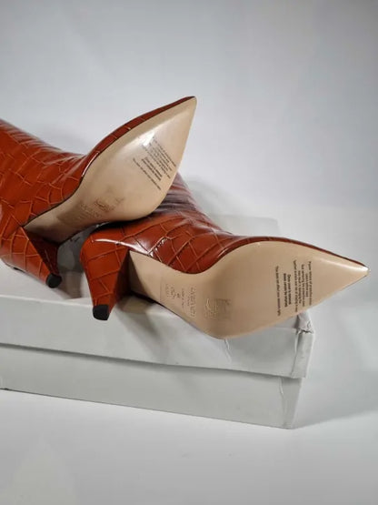 L K Bennett Ginger Allegra Croc Effect Leather Cone Heel Knee High Boots Size: Eu 38