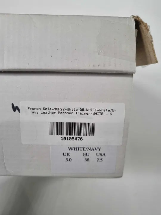 French Sole White/Navy Leather Moocher Trainer Size: Uk 5