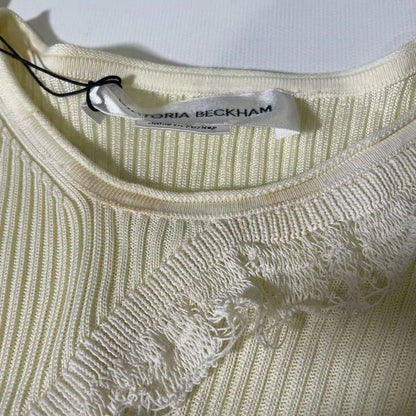 Victoria Beckham-1223Ktp004563A Natural-S-Brown-Cream Long Sleeve Cotton Blend Top Size: S