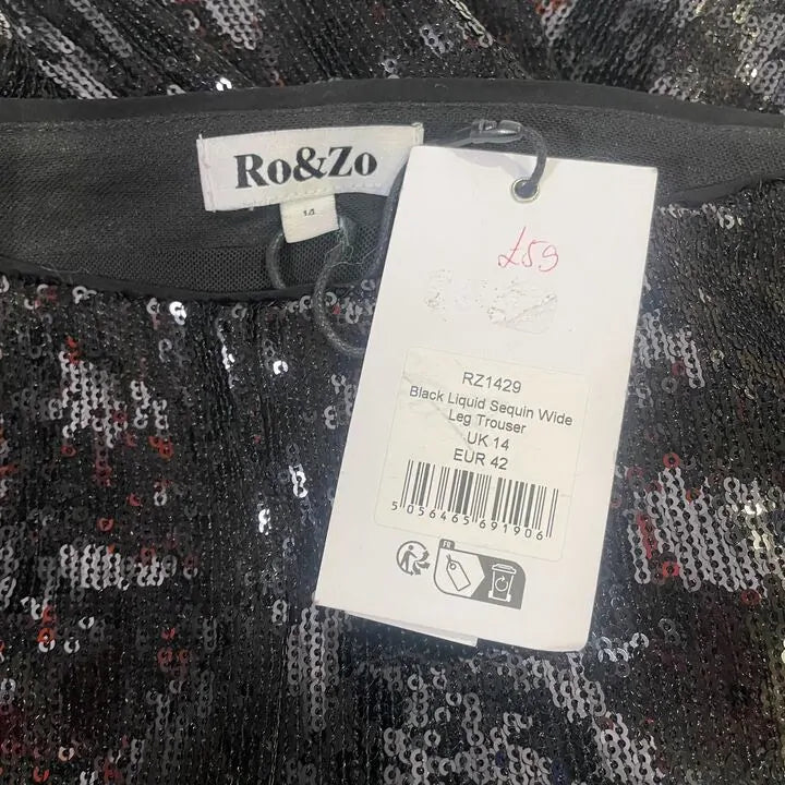 Ro & Zo-Rz1429-14-Black-Black Liquid Sequin Wide Leg Trouser Size: Uk 14