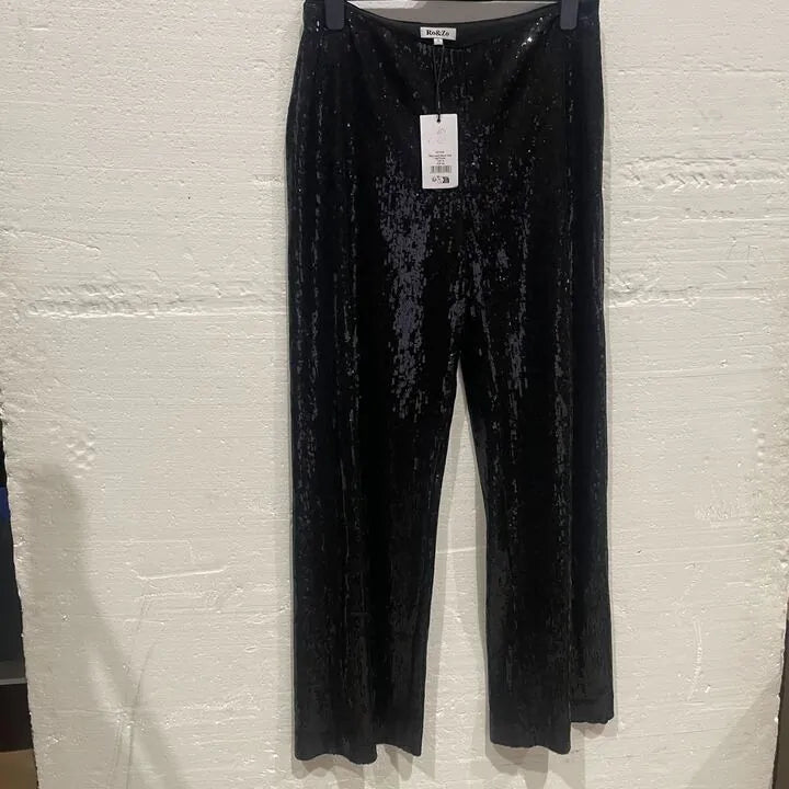 Ro & Zo-Rz1429-14-Black-Black Liquid Sequin Wide Leg Trouser Size: Uk 14