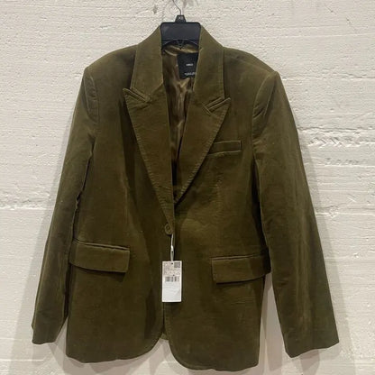 Mango-57037728-37-23-Green-Khaki Velvet Suit Jacket Size: Xl