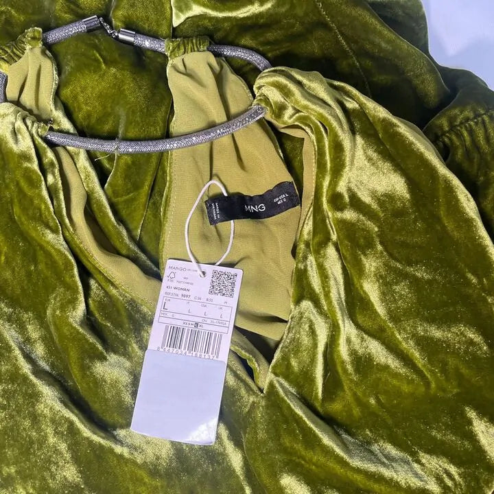 Mango-57069097-36-22-Green-Olive Green Halter-Neck Velvet Jumpsuit Size: Large