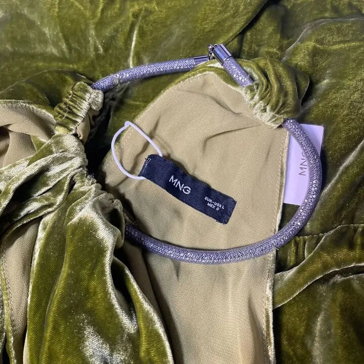 Mango-57069097-36-22-Green-Olive Green Halter-Neck Velvet Jumpsuit Size: Large