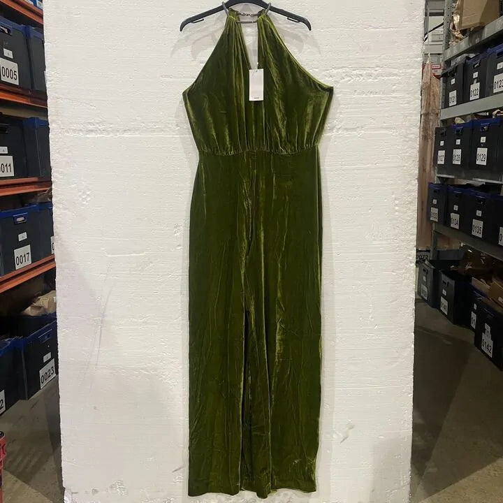 Mango-57069097-36-22-Green-Olive Green Halter-Neck Velvet Jumpsuit Size: Large