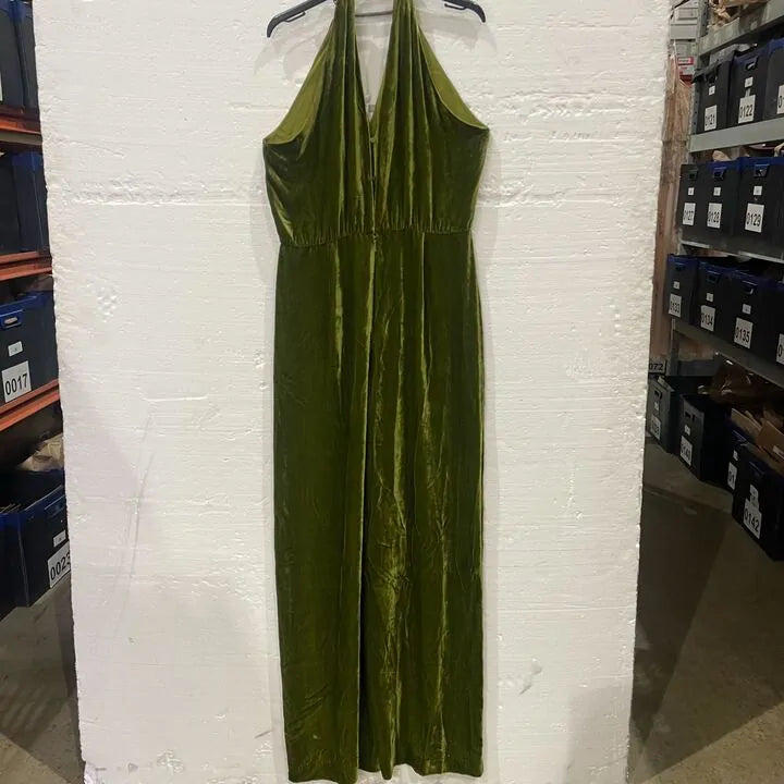 Mango-57069097-36-22-Green-Olive Green Halter-Neck Velvet Jumpsuit Size: Large