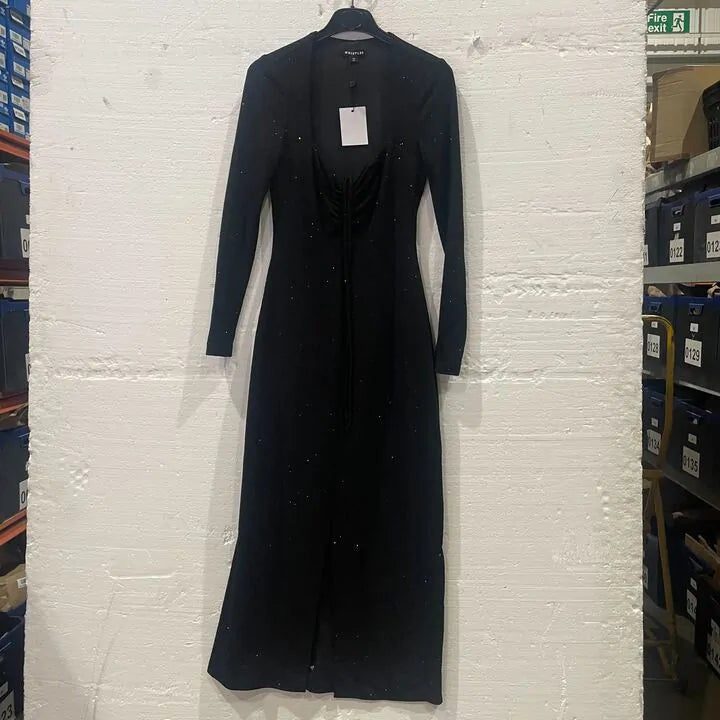 Whistles-004035693 01-8-Black-Black Jersey Sparkle Tie Midi Dress Size: Uk 8