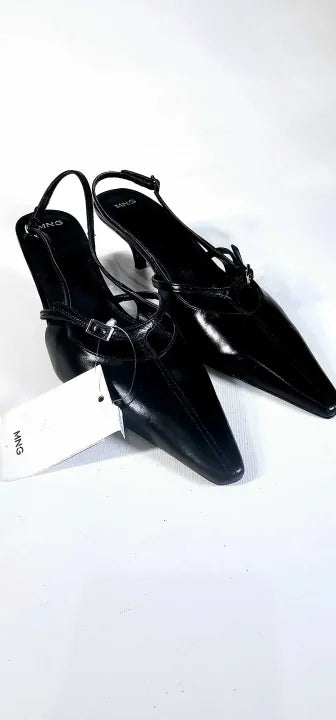 Mango-67024480-99-5-Black-Black Leather Slingback Kitten Heels-Black Size: Eu38/Uk 5