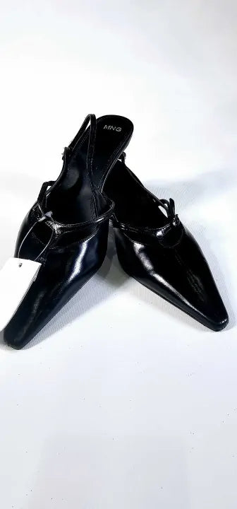 Mango-67024480-99-5-Black-Black Leather Slingback Kitten Heels-Black Size: Eu38/Uk 5