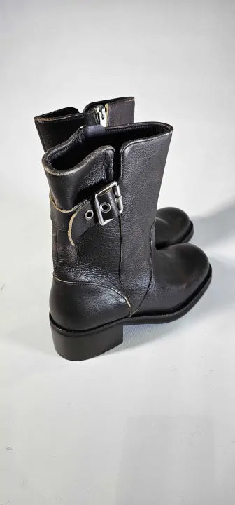 Mango-57026009-30-4-Brown-Brown Leather Biker Ankle Boot-Brown Size: Eu37
