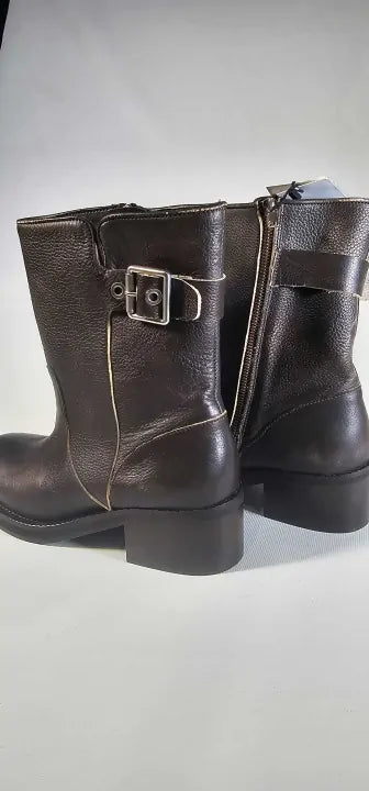 Mango-57026009-30-4-Brown-Brown Leather Biker Ankle Boot-Brown Size: Eu37