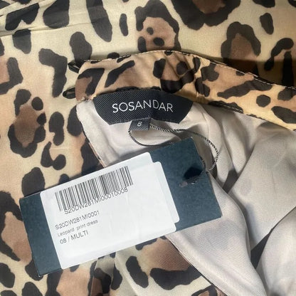 Sosandar- Tan Leopard Print Fit & Flare Ruffle Dress Size: Uk 8