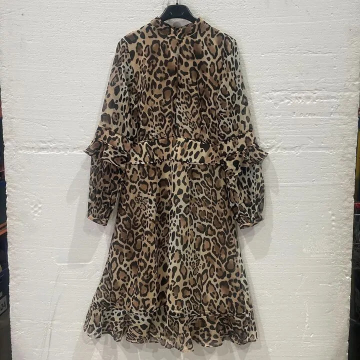 Sosandar- Tan Leopard Print Fit & Flare Ruffle Dress Size: Uk 8