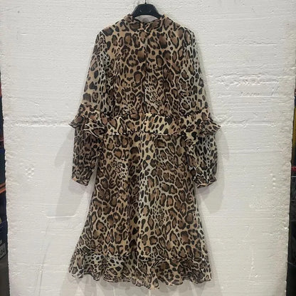 Sosandar- Tan Leopard Print Fit & Flare Ruffle Dress Size: Uk 8