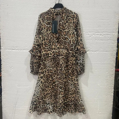 Sosandar- Tan Leopard Print Fit & Flare Ruffle Dress Size: Uk 8