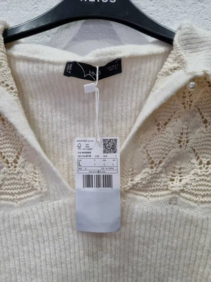 Mango Ecru Openwork-Knit Jumper Size: Large