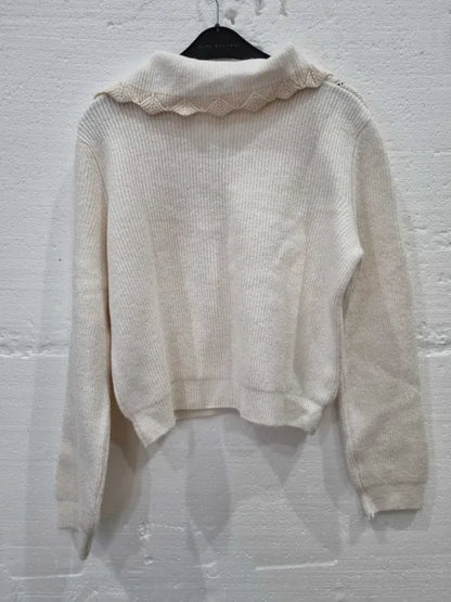 Mango Women's Cream And White Jumper Size: Large