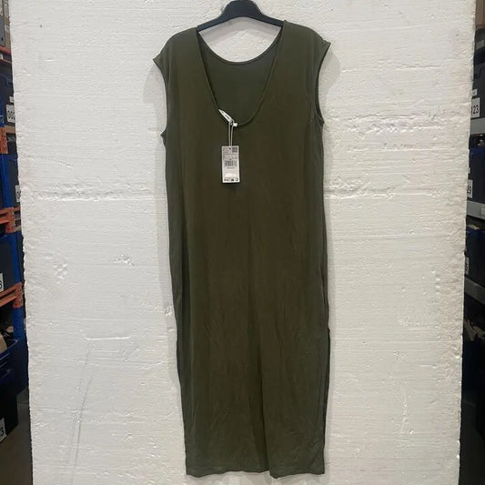 Mango-47088638-37-M-Green-Khaki Modal Slit Dress Size: Medium