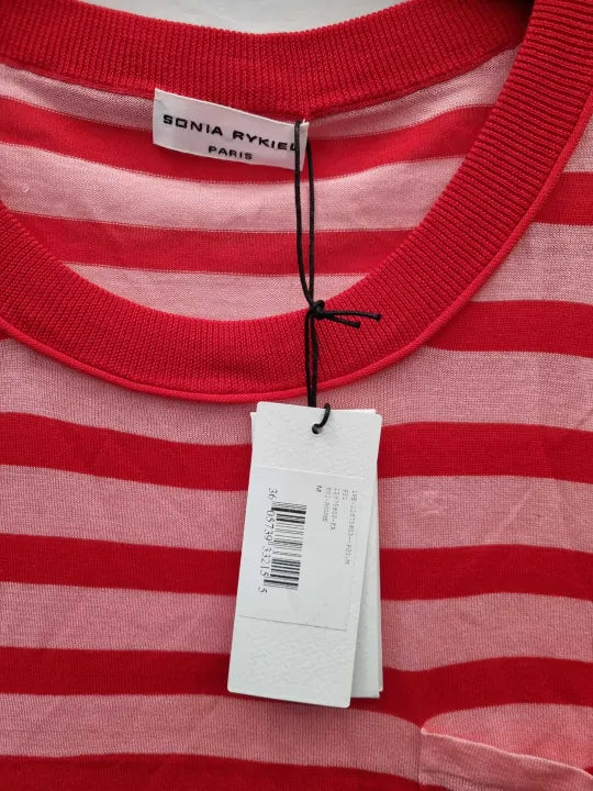 Sonia Rykiel - Red / Pink Striped Cotton T-Shirt Size: M